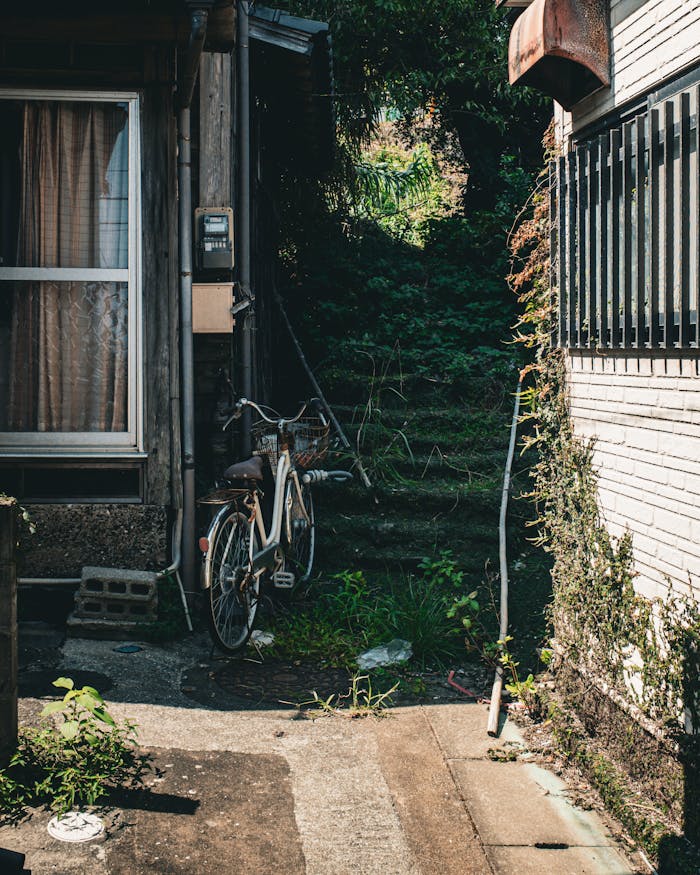 Charming alleyway in Japan with a vintage bicycle and rustic building exteriors, shaded by greenery.